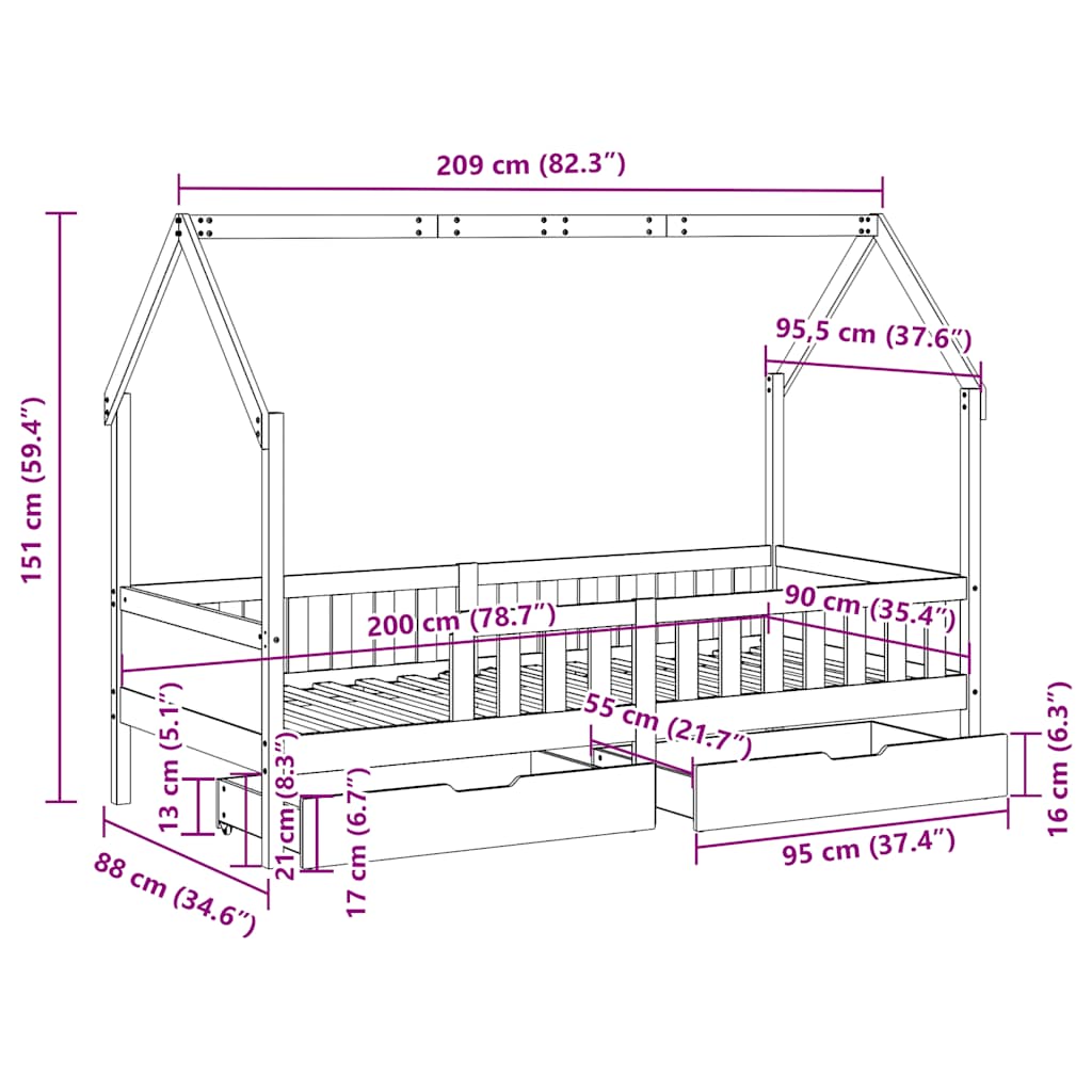 Kids Bed Frame With Drawers Without Mattress Solid Wood