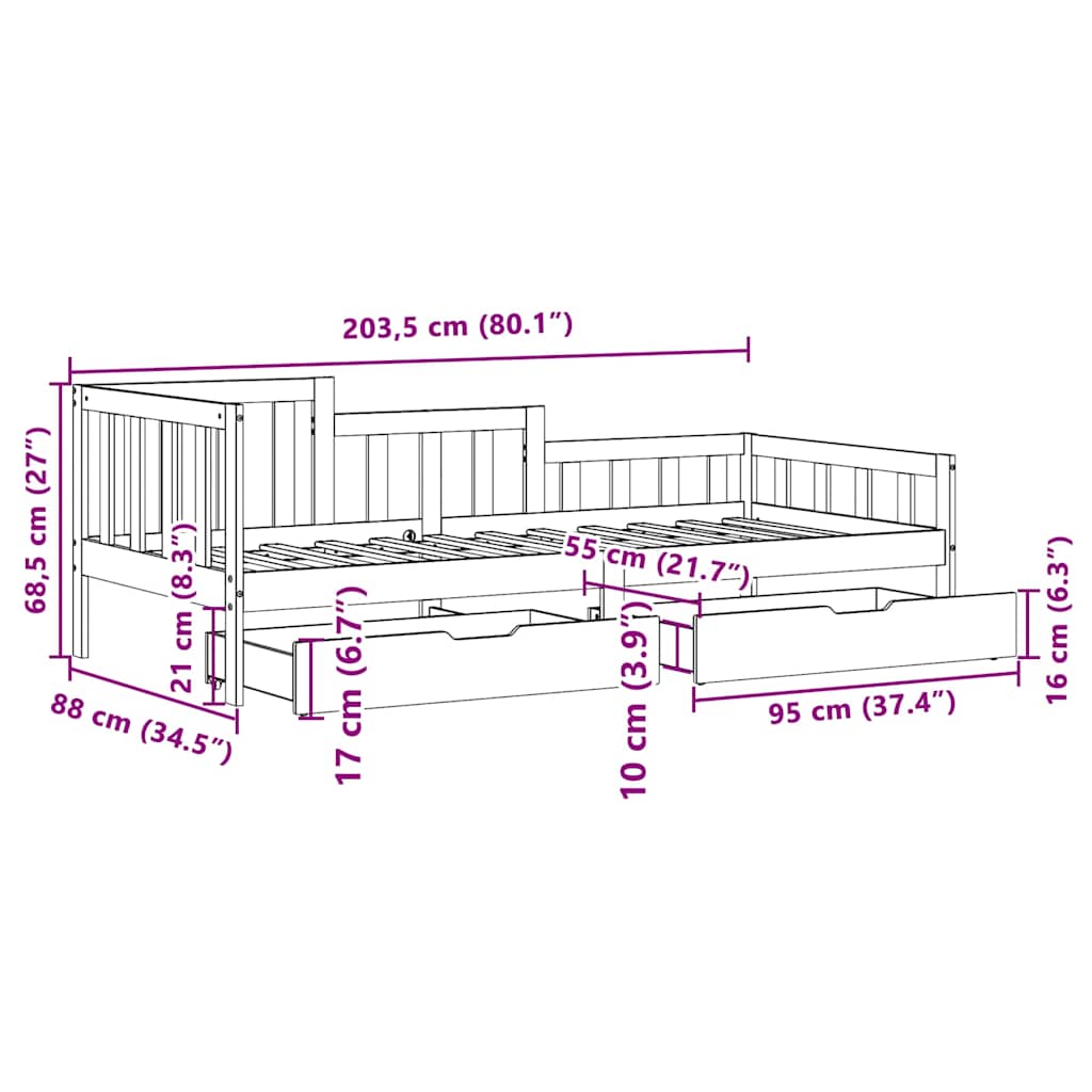 Bed Frame Single Solid Wood Day Drawers Storage No Mattress Natural White 193.5