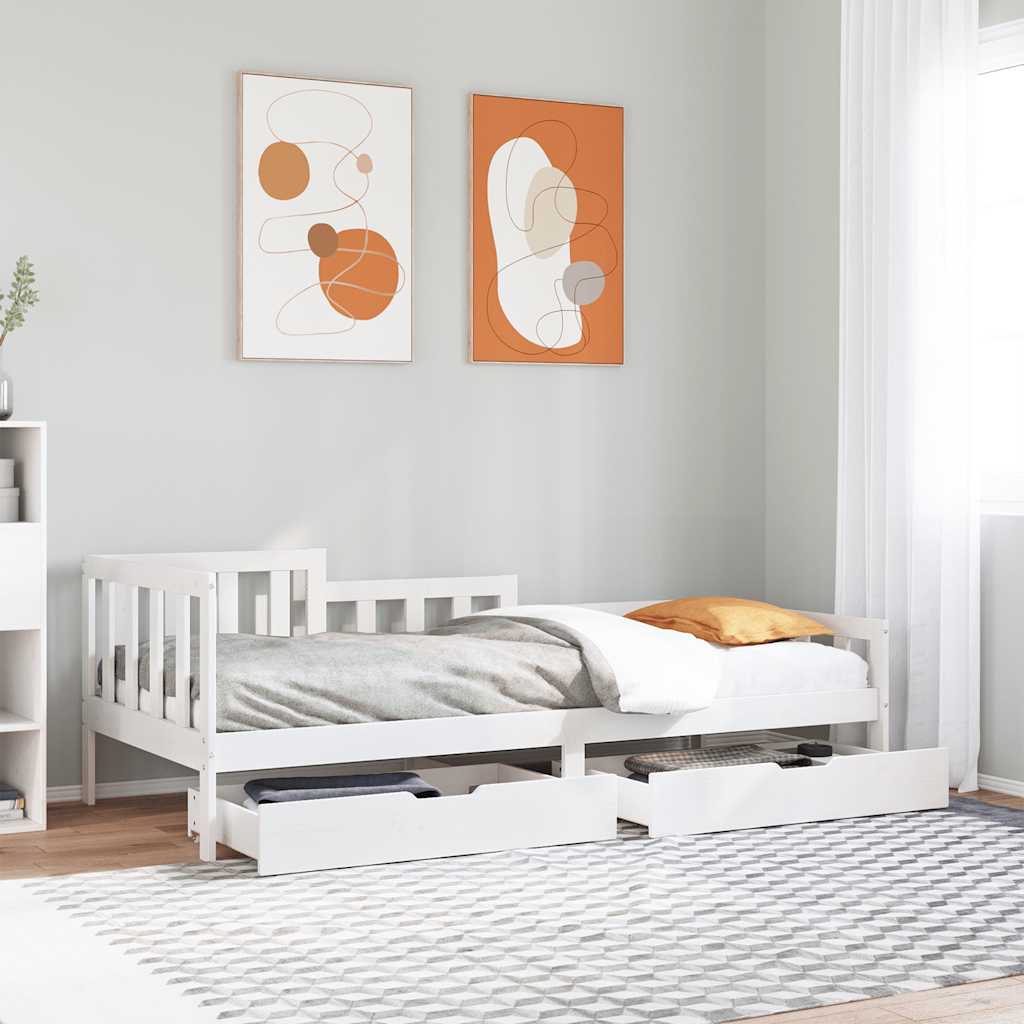 Bed Frame Single Solid Wood Day Drawers Storage No Mattress Natural White 193.5