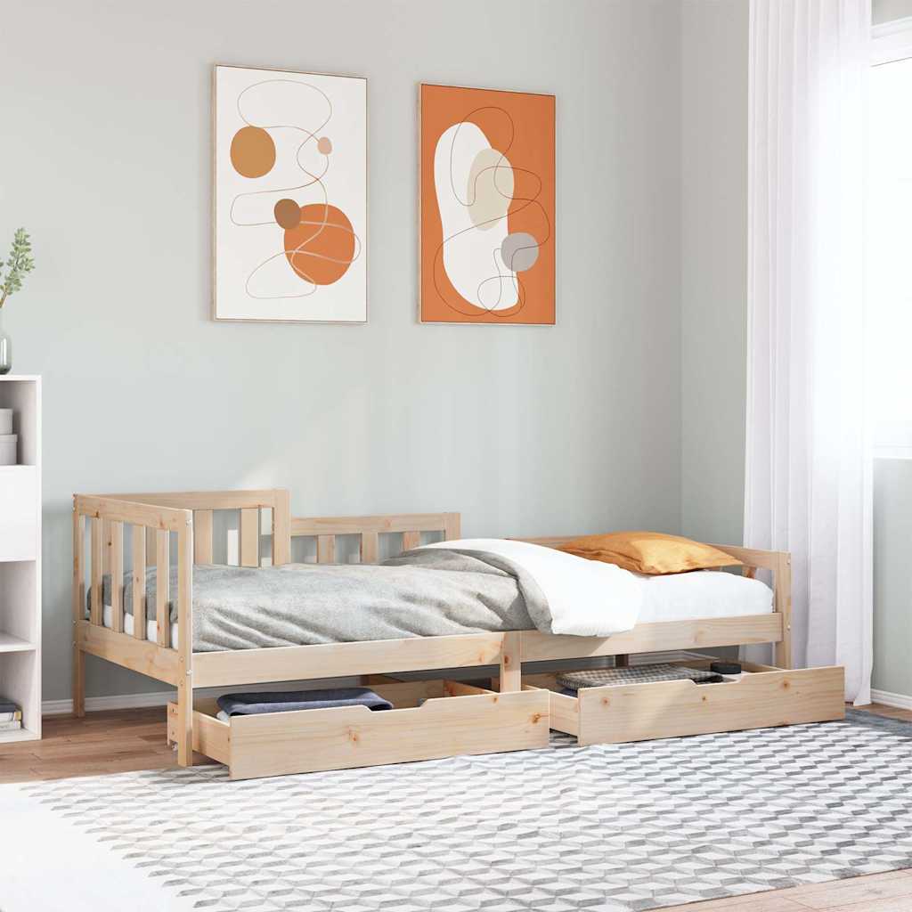 Bed Frame Single Solid Wood Day Drawers Storage No Mattress Natural White 193.5