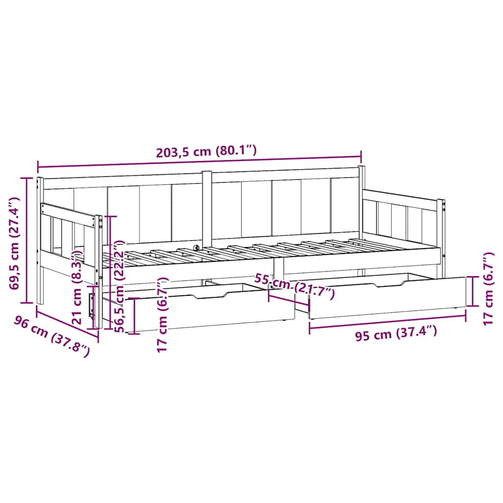 Bed Frame Single Day Drawers Solid Wood Guest No Mattress 90 x 190 cm 193.5 cm