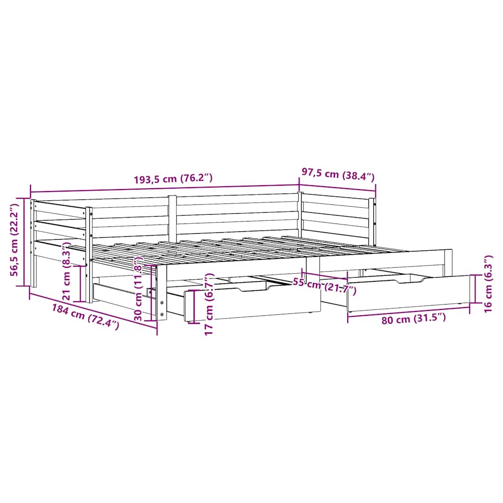 Bed Frame Single Day Trundle & Drawers 90x190cm Wooden Guest 193.5 cm