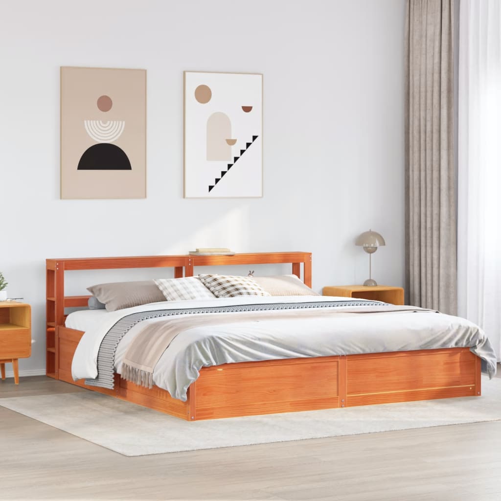 Bed Frame With Headboard Wax Brown 200X200 Cm Solid Wood Pine