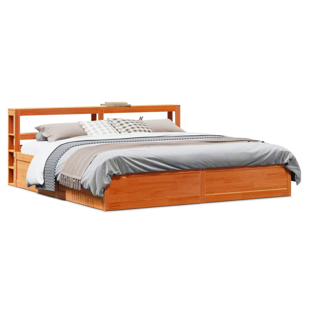Bed Frame With Headboard Wax Brown 200X200 Cm Solid Wood Pine