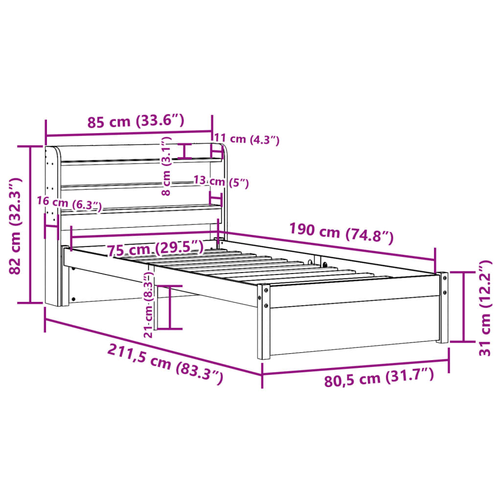 Bed Frame Headboard Without Mattress Small Single Brown White Wax brown 211.5 cm