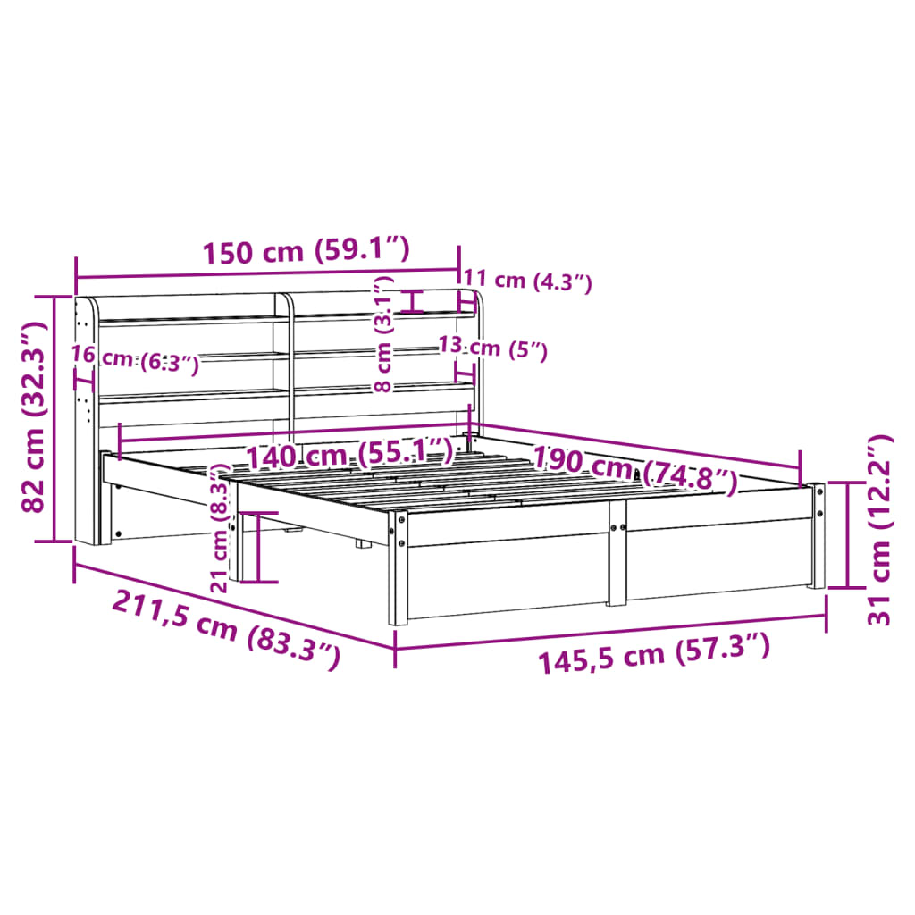 Bed Frame With Headboard Without Mattress White 140X190 Cm