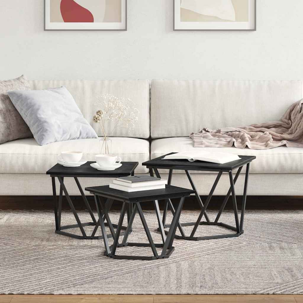 Coffee Table 3 Piece Set Engineered Wood & Steel Industrial Living Room Old Wood