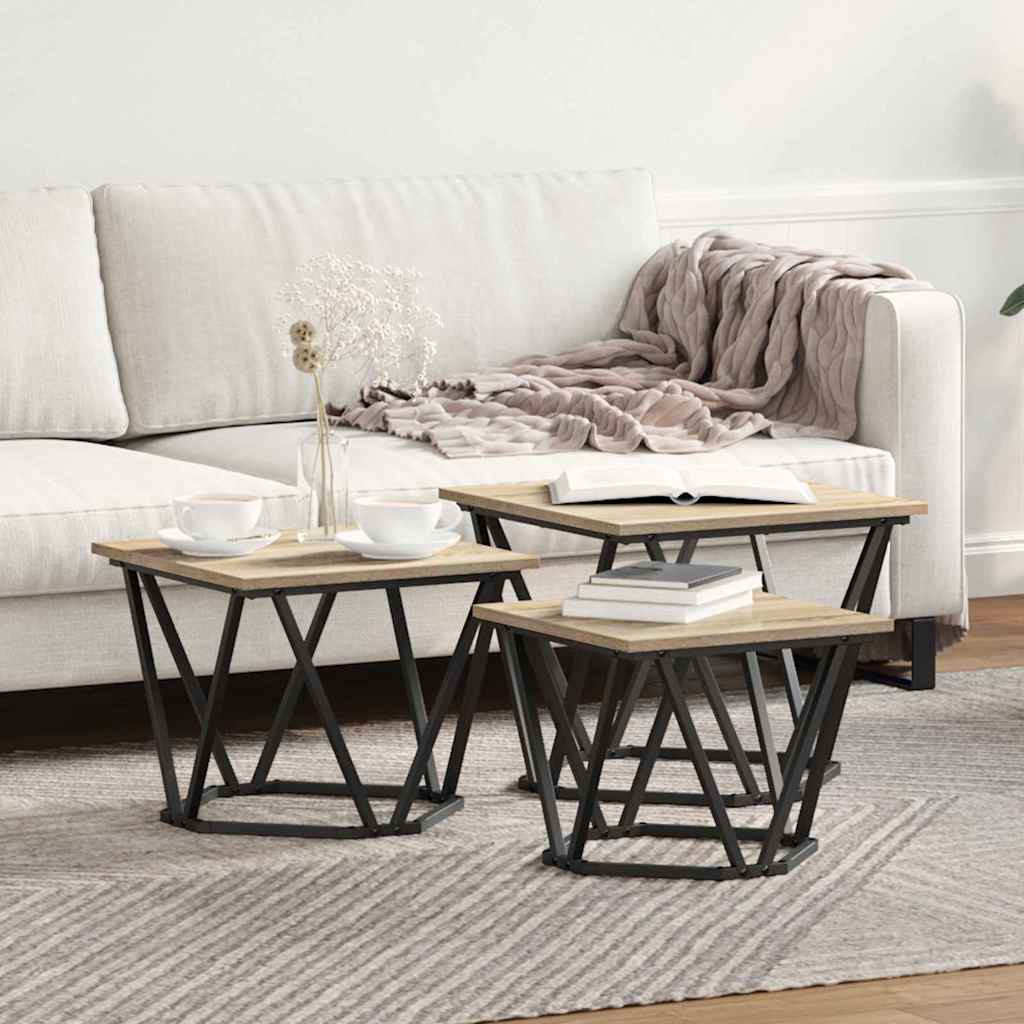 Coffee Table 3 Piece Set Engineered Wood & Steel Industrial Living Room Old Wood