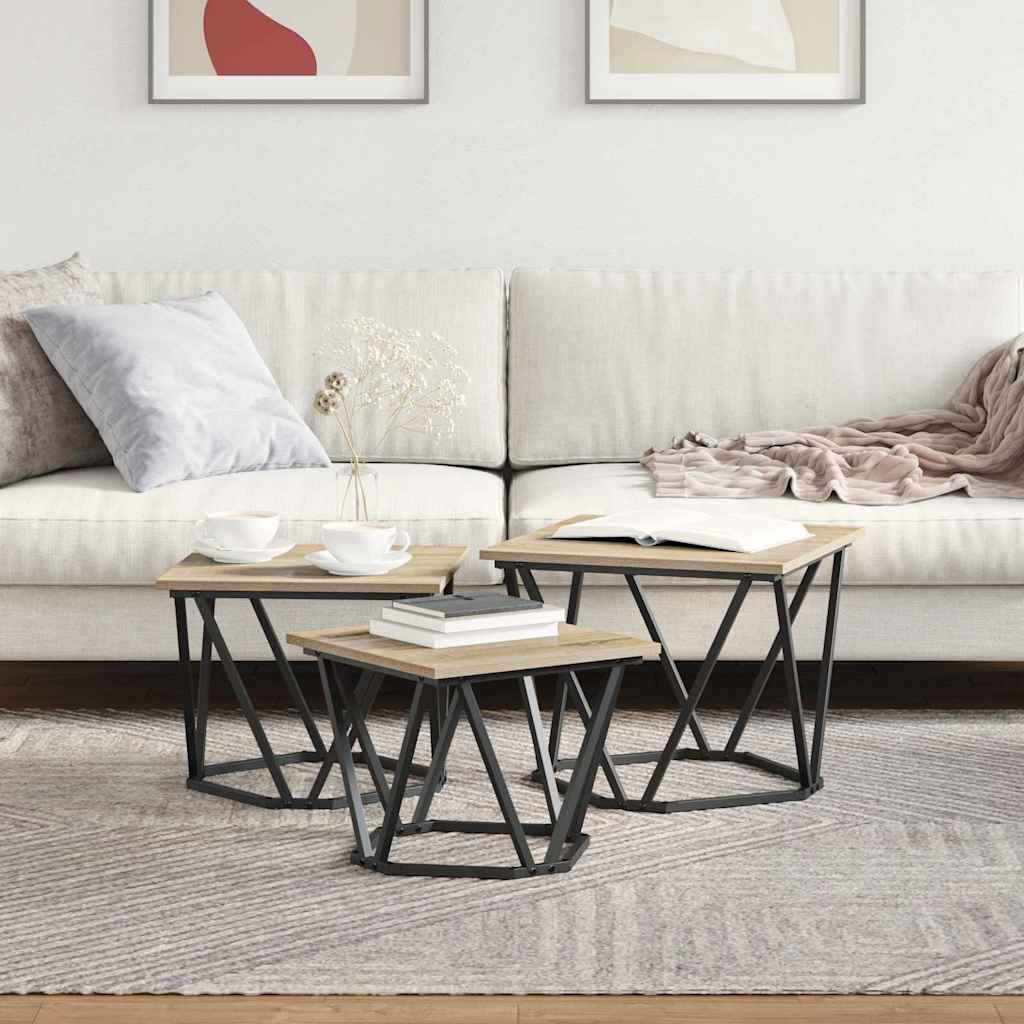 Coffee Table 3 Piece Set Engineered Wood & Steel Industrial Living Room Old Wood