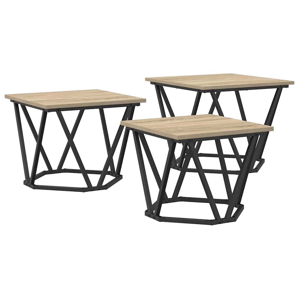 Coffee Table 3 Piece Set Engineered Wood & Steel Industrial Living Room Old Wood
