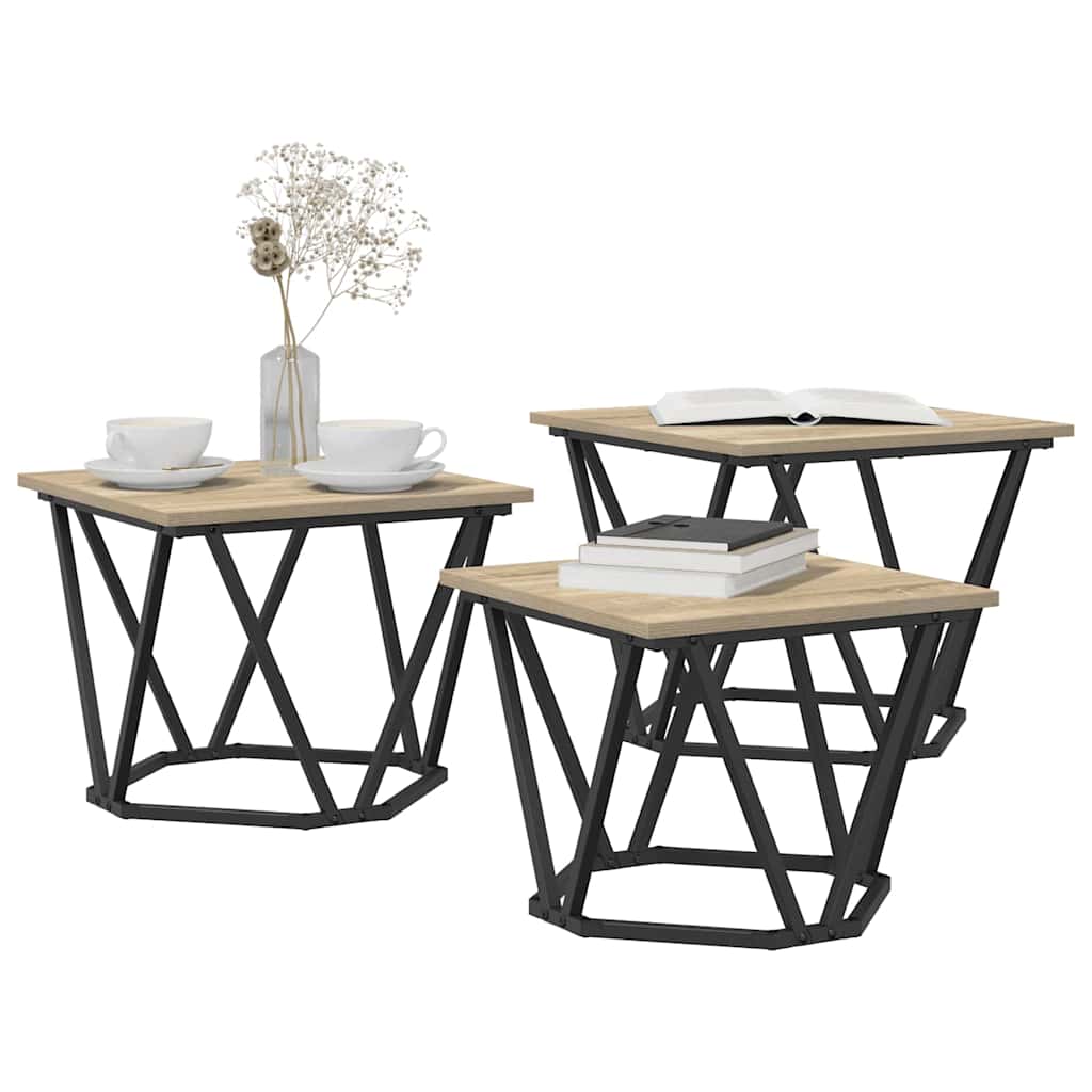 Coffee Table 3 Piece Set Engineered Wood & Steel Industrial Living Room Old Wood