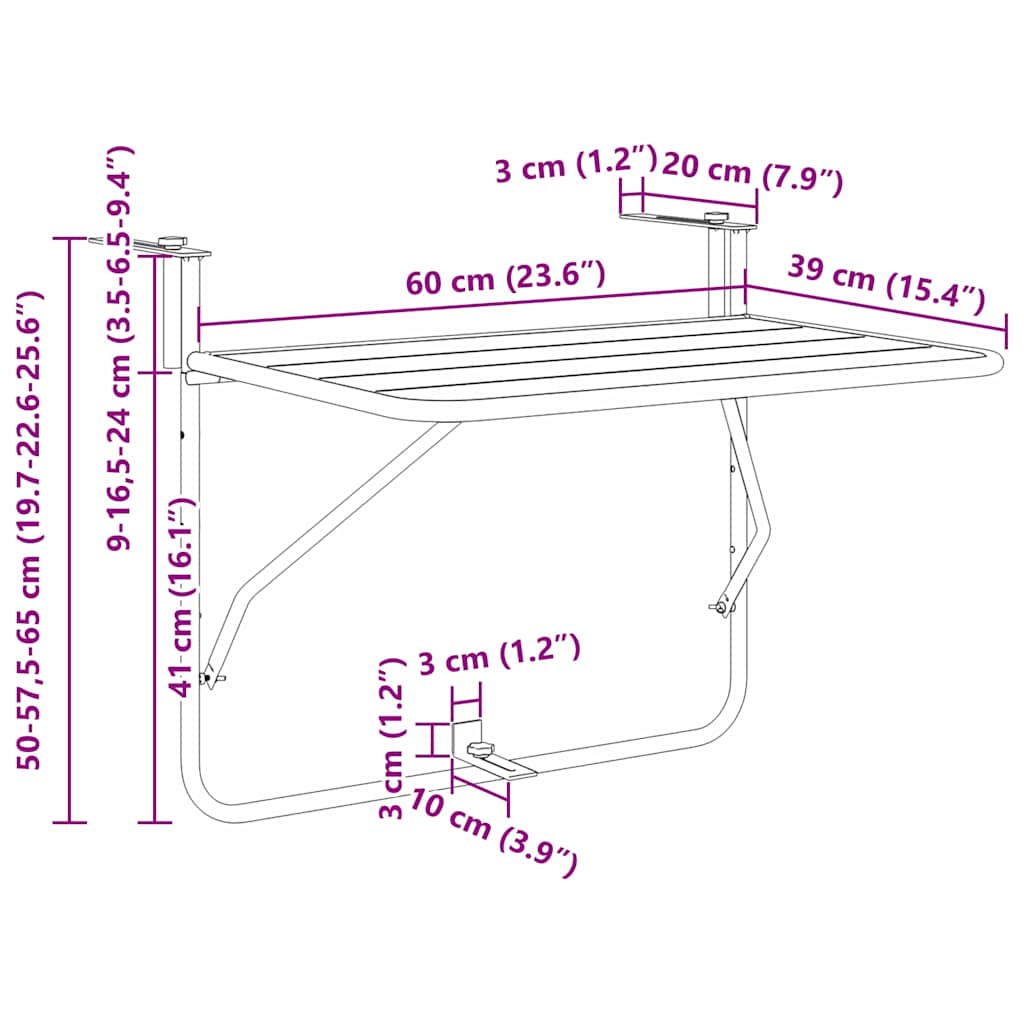 Outdoor Table Hanging Balcony Folding 60 X 39 65 Cm Steel 60 X 39 X 65 Cm