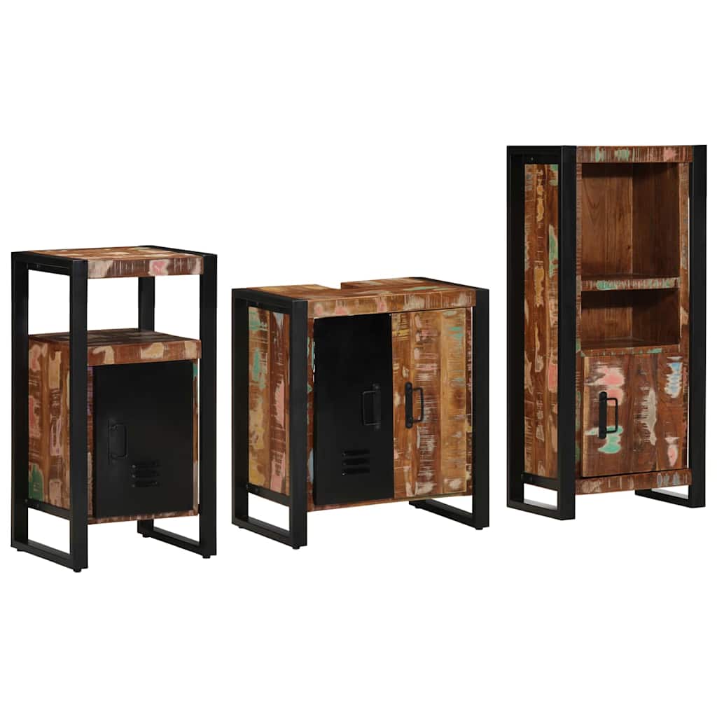 Bathroom Furniture Set Drawer 3 Pcs Solid Reclaim Wood Multicolour and black Sol