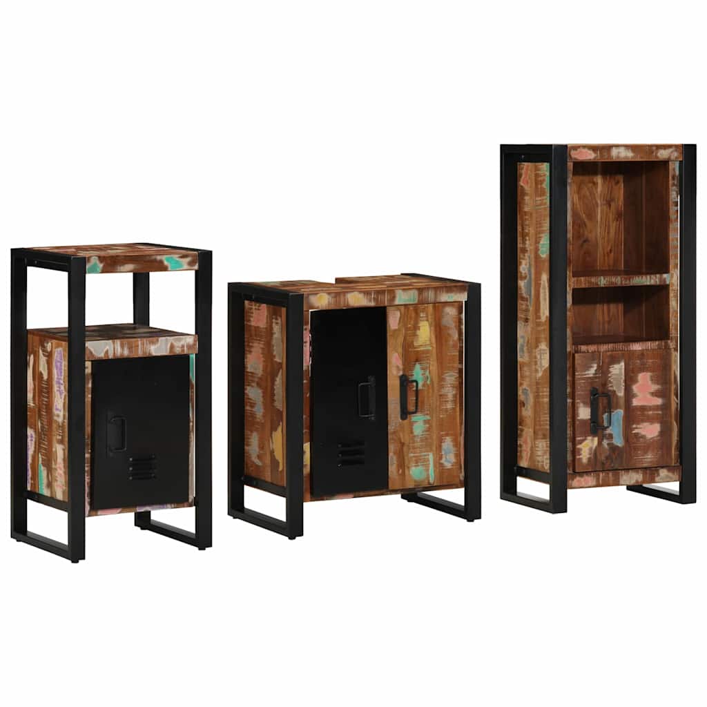 Bathroom Furniture Set Drawer 3 Pcs Solid Reclaim Wood Multicolour and black Sol