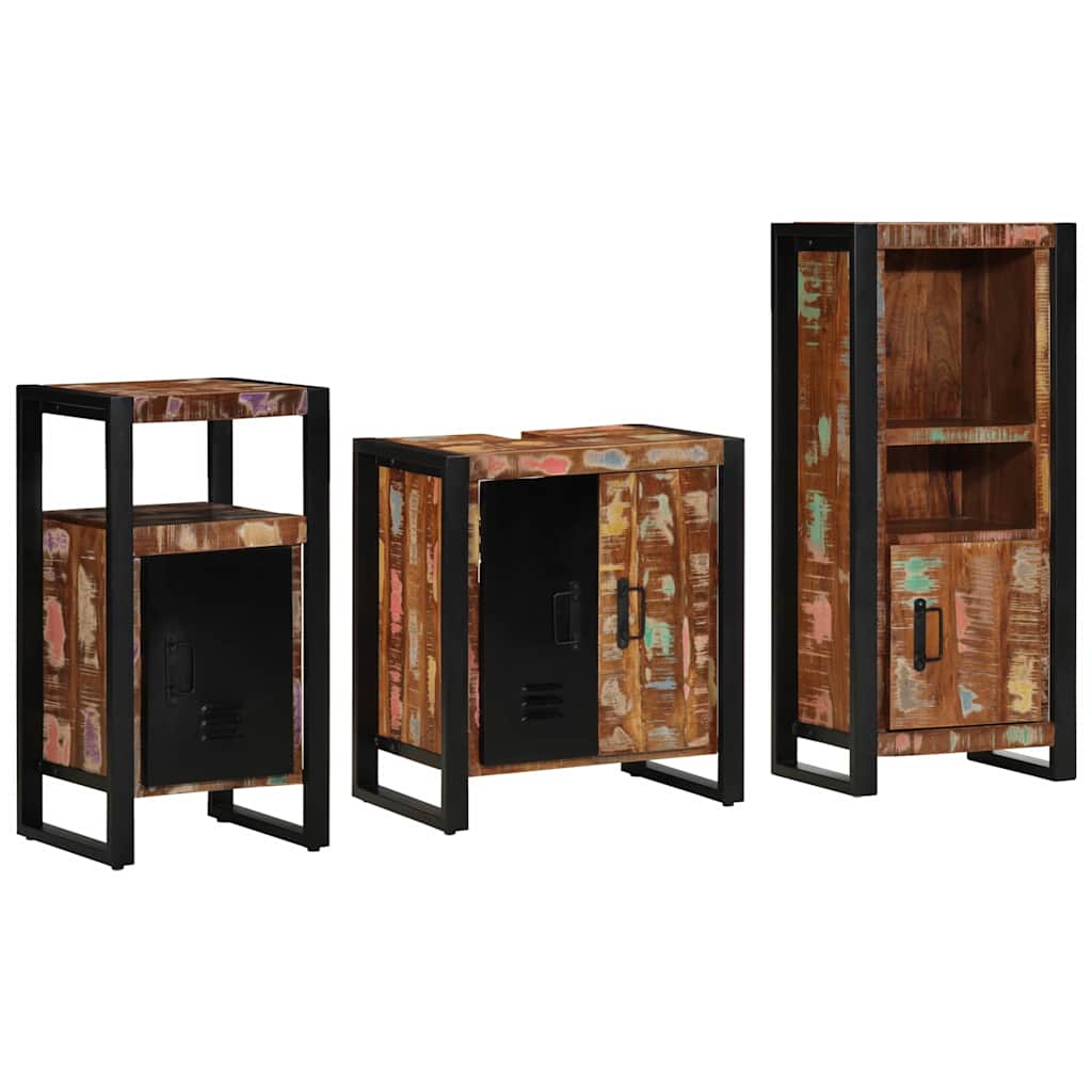Bathroom Furniture Set Drawer 3 Pcs Solid Reclaim Wood Multicolour and black Sol