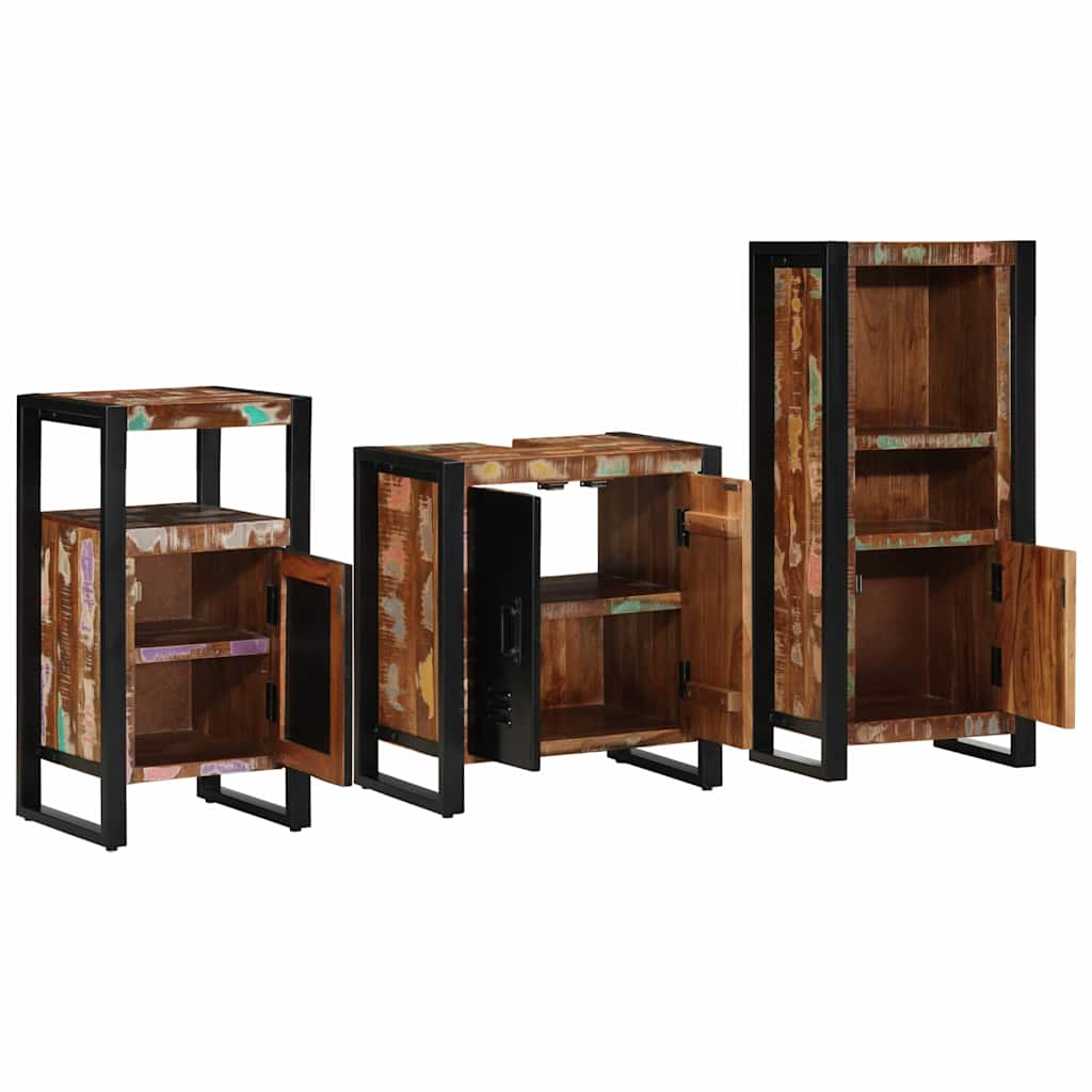 Bathroom Furniture Set Drawer 3 Pcs Solid Reclaim Wood Multicolour and black Sol