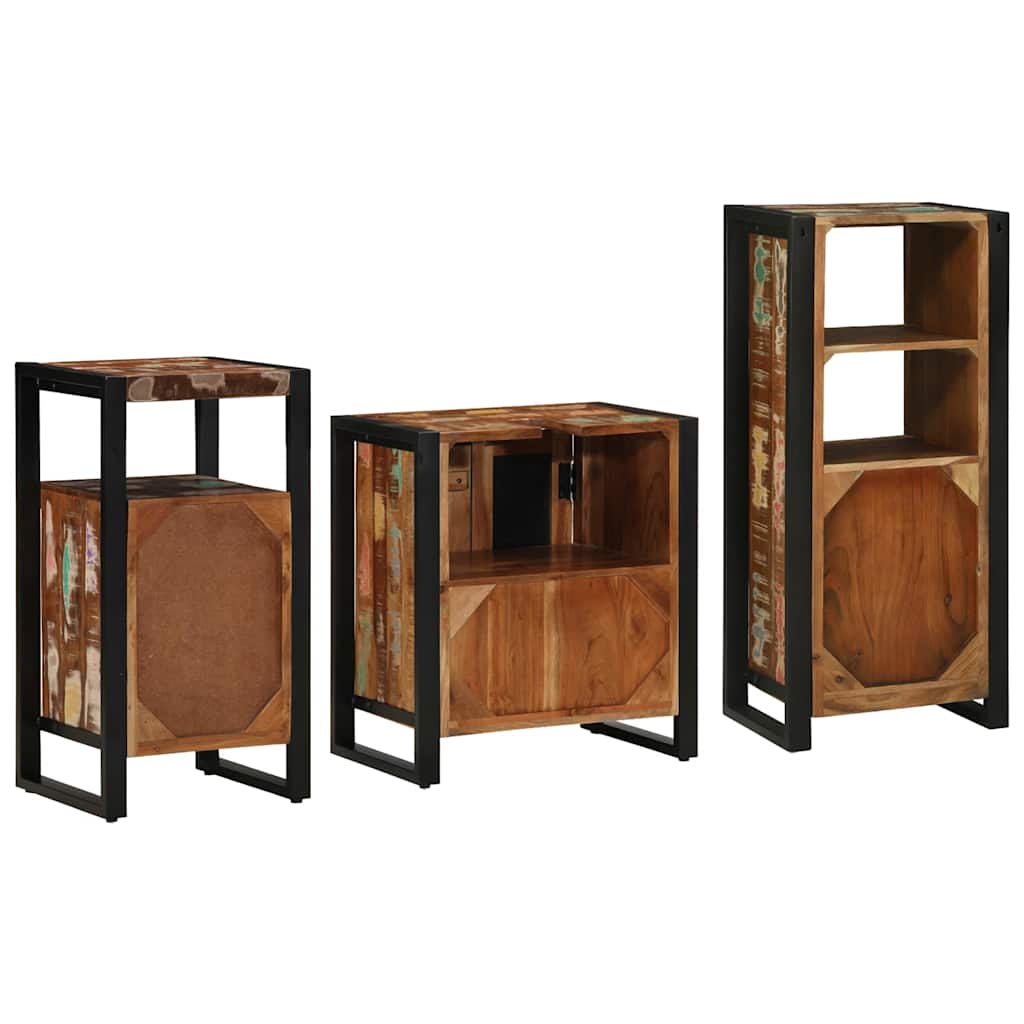 Bathroom Furniture Set Drawer 3 Pcs Solid Reclaim Wood Multicolour and black Sol