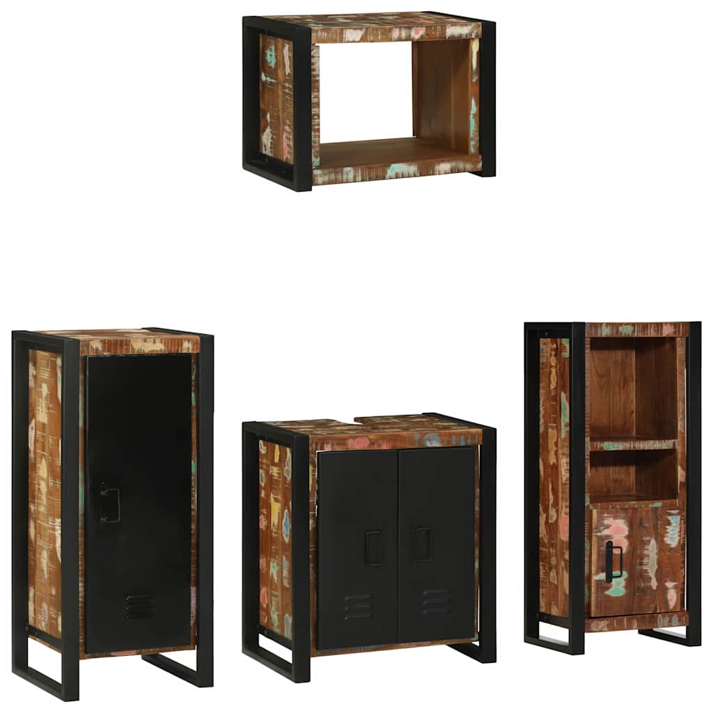 Bathroom Furniture Set Drawer 4 Pcs Solid Reclaim Wood Multicolour and black LED