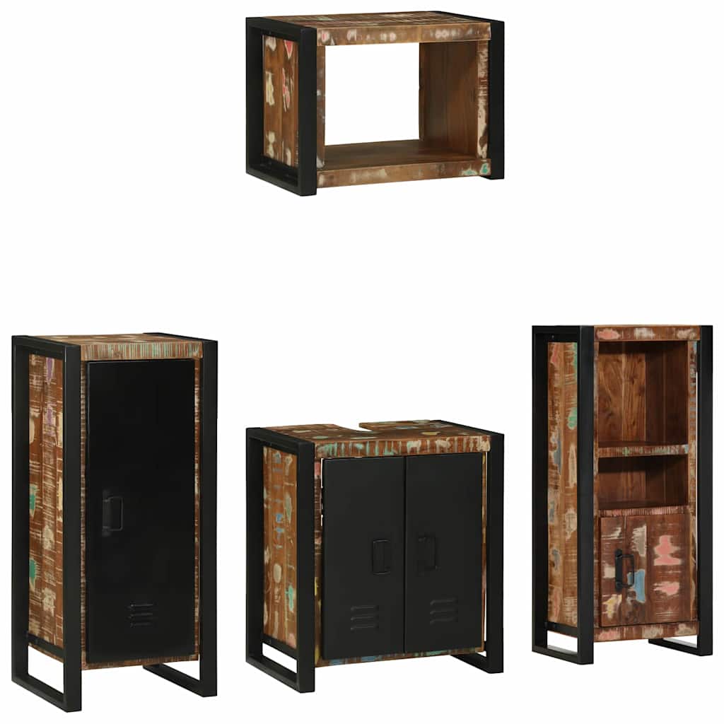 Bathroom Furniture Set Drawer 4 Pcs Solid Reclaim Wood Multicolour and black LED