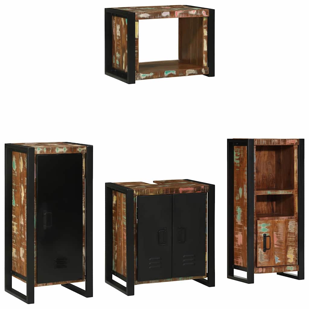 Bathroom Furniture Set Drawer 4 Pcs Solid Reclaim Wood Multicolour and black LED