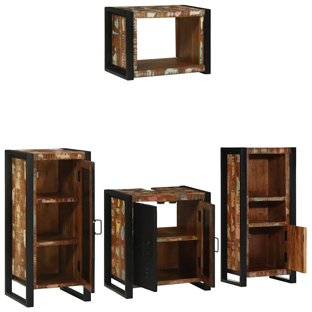 Bathroom Furniture Set Drawer 4 Pcs Solid Reclaim Wood Multicolour and black LED