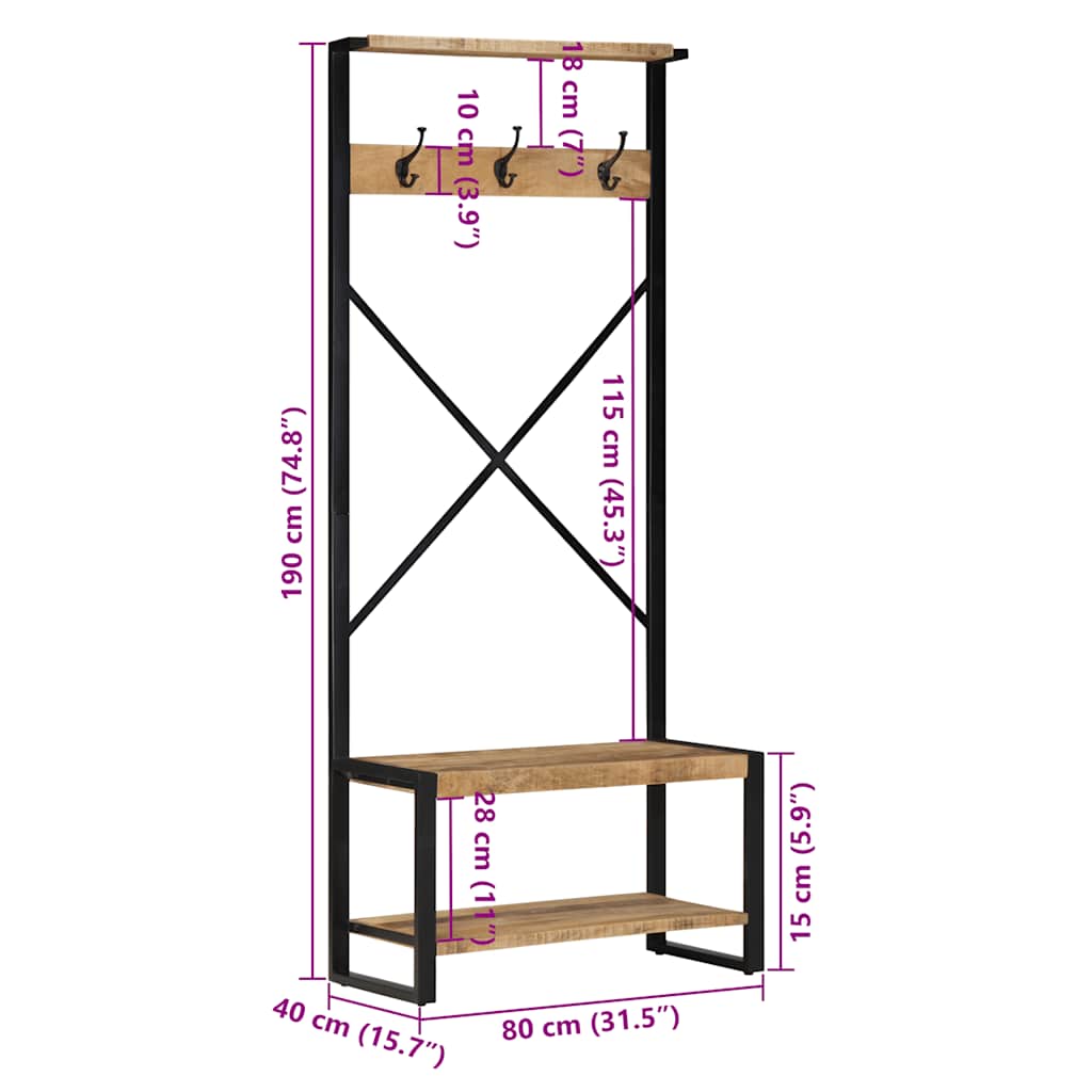 Wall Shelf Mango Wood Clothes Rack Garment Rail Solid 80x40x190cm brown 80 cm