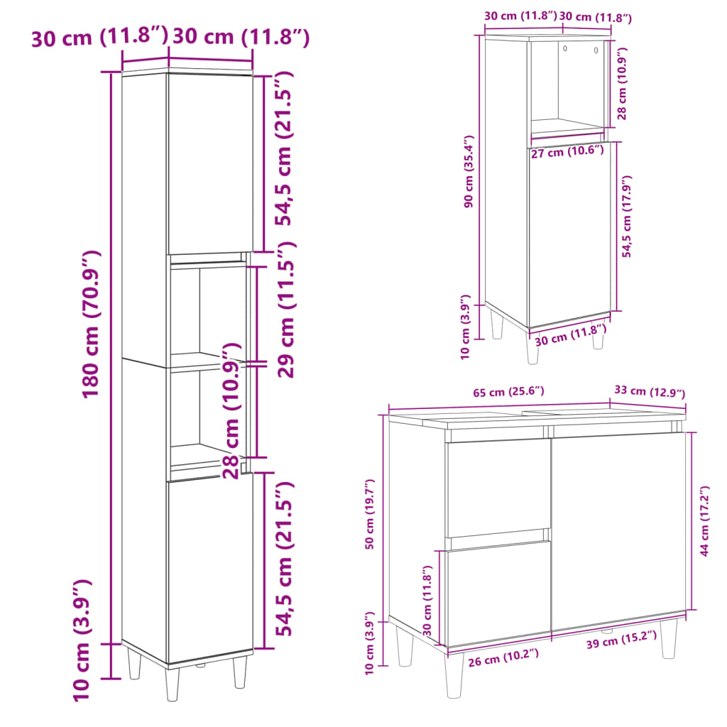 3 Piece Bathroom Furniture Set Engineered Wood