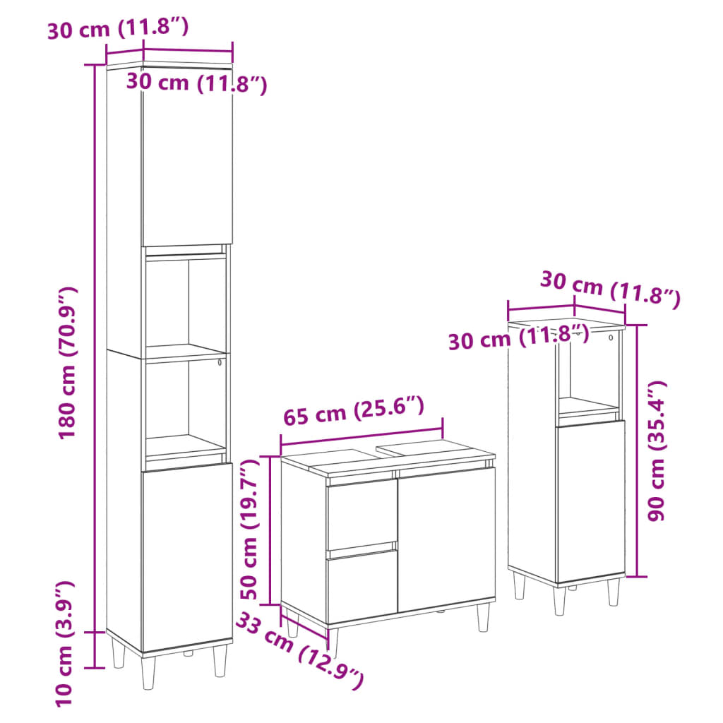 3 Piece Bathroom Furniture Set Engineered Wood