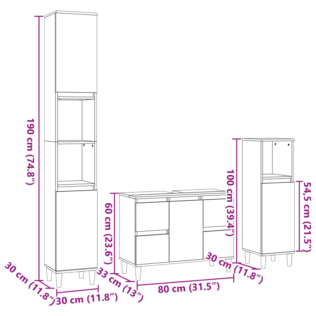 3 Piece Bathroom Furniture Set Engineered Wood