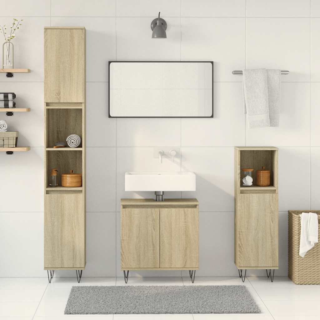Bathroom Furniture Set 3 Piece Engineered Wood concrete grey sonoma oak iron LED
