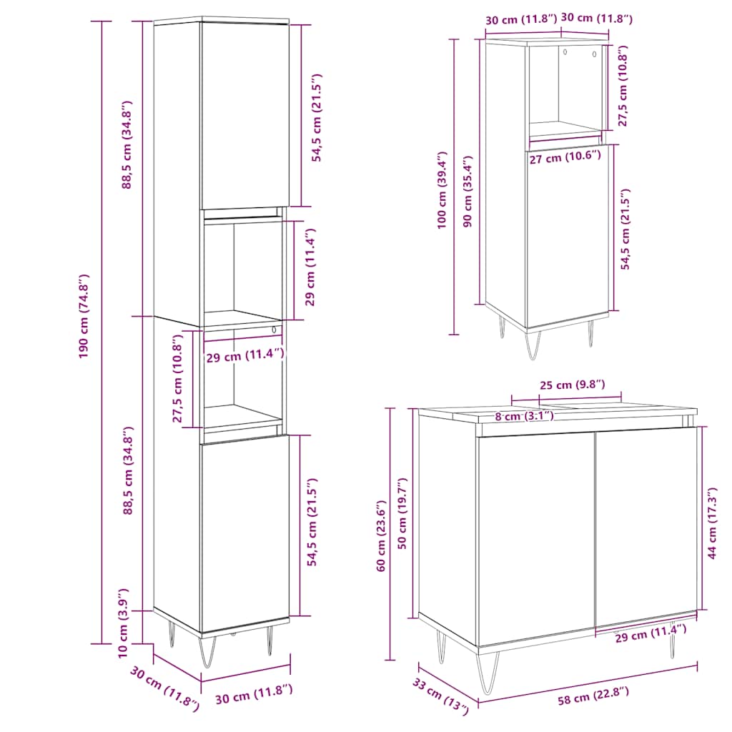 Bathroom Furniture Set 3 Piece Engineered Wood concrete grey sonoma oak iron LED
