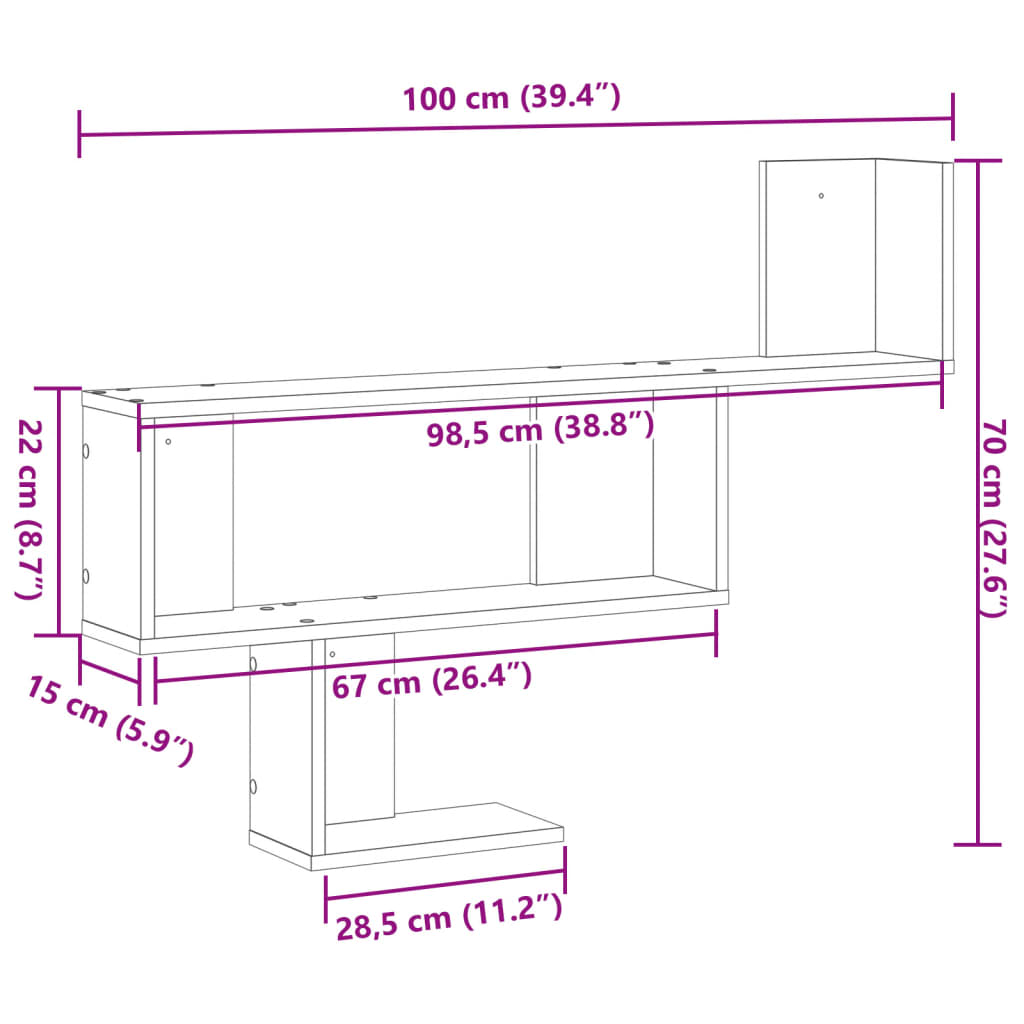 Wall Shelf Artisan Oak 100x15x70cm Floating Display Storage Engineered Wood blac