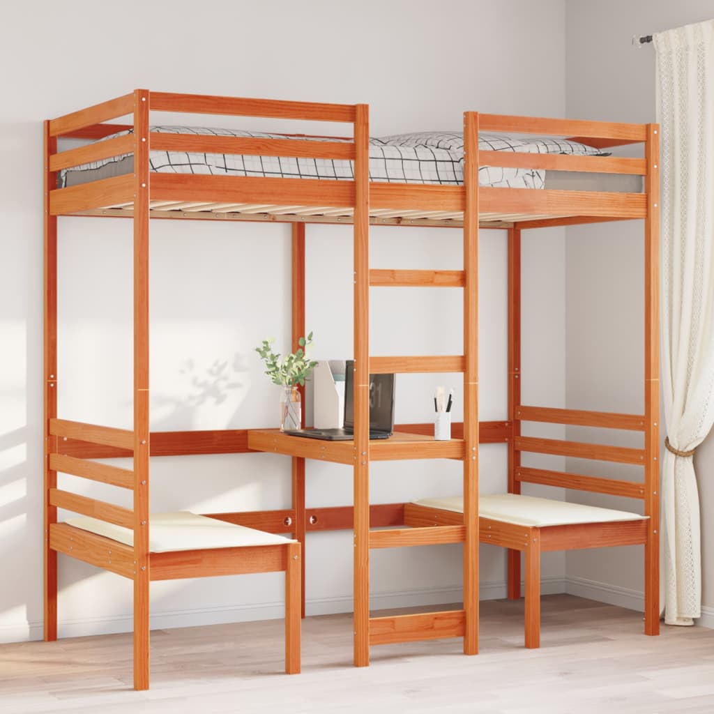 Loft Bed Frame With Desk And Chairs 75X190Cm Solid Wood Pine