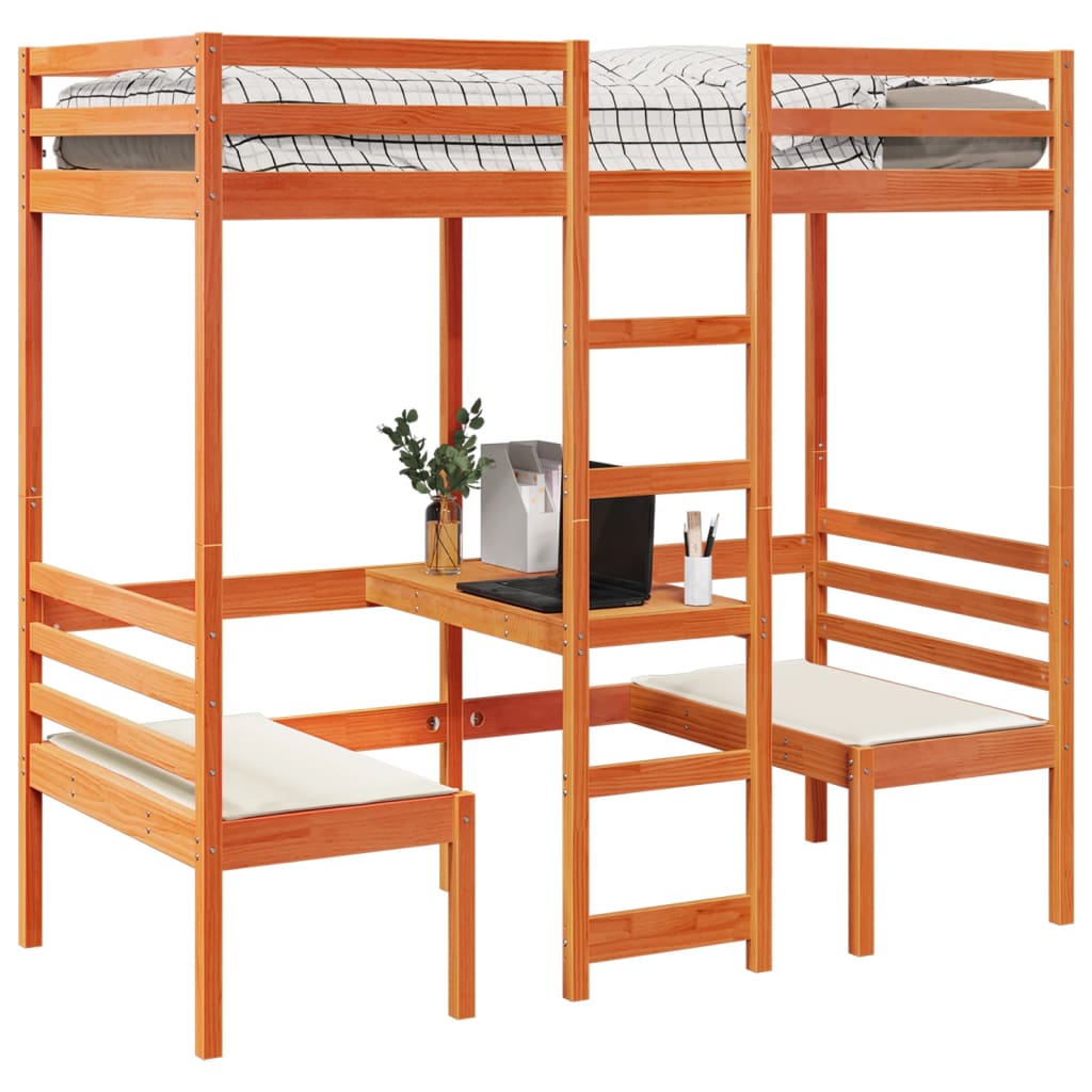 Loft Bed Frame With Desk And Chairs 75X190Cm Solid Wood Pine