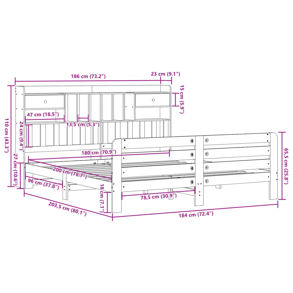 Bookcase Bed Without Mattress Super King Solid Wood Pine
