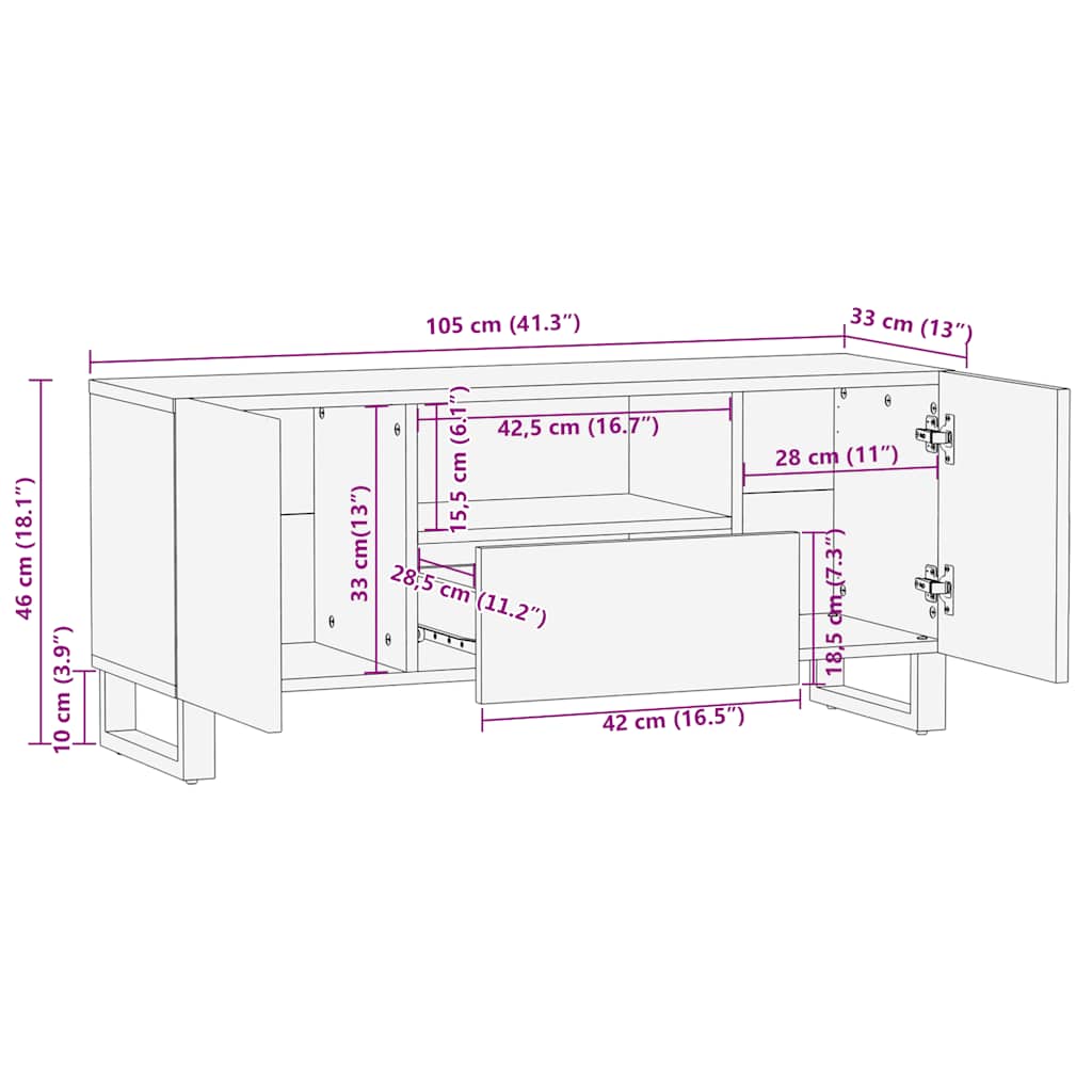 Tv Cabinet Black 105X33X46 Cm Solid Wood Mango