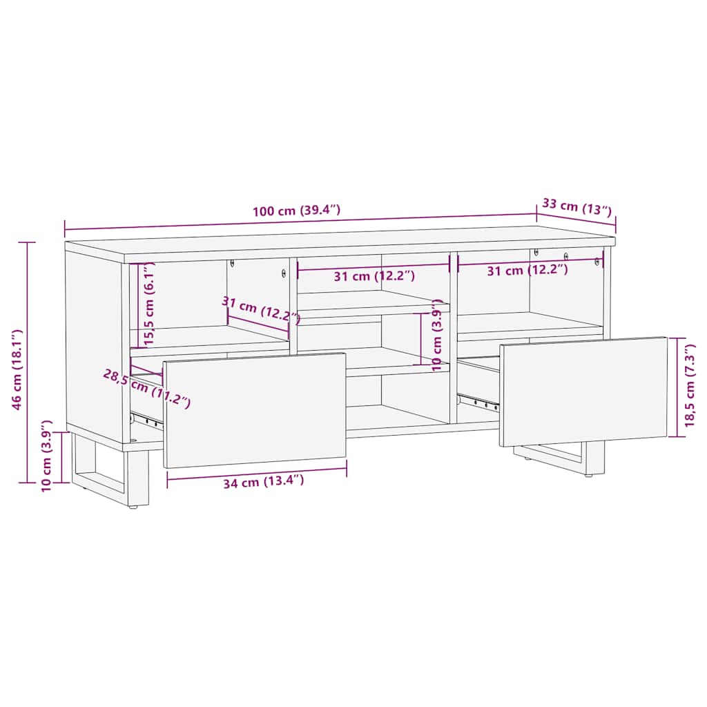 Tv Cabinet Black 100X33X46 Cm Solid Wood Mango