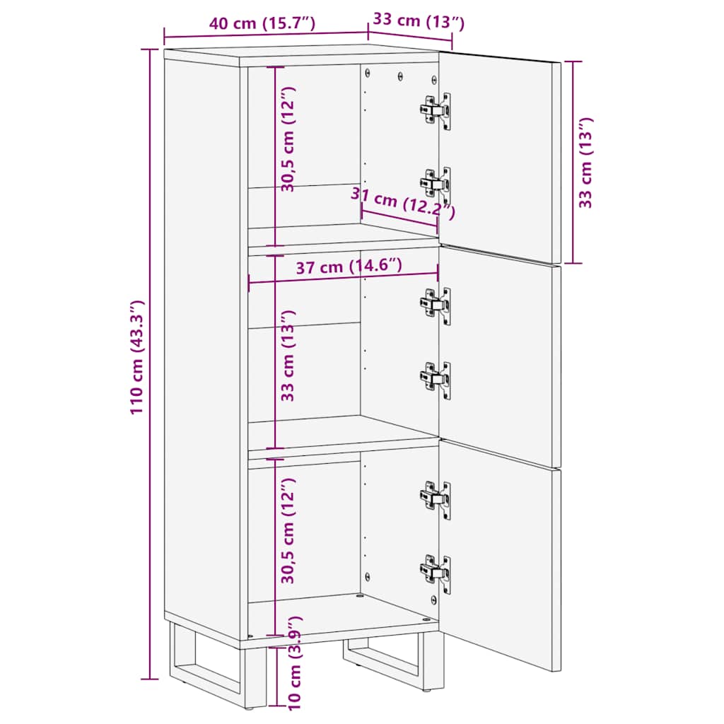Highboard Black 40X33X110 Cm Solid Wood Mango