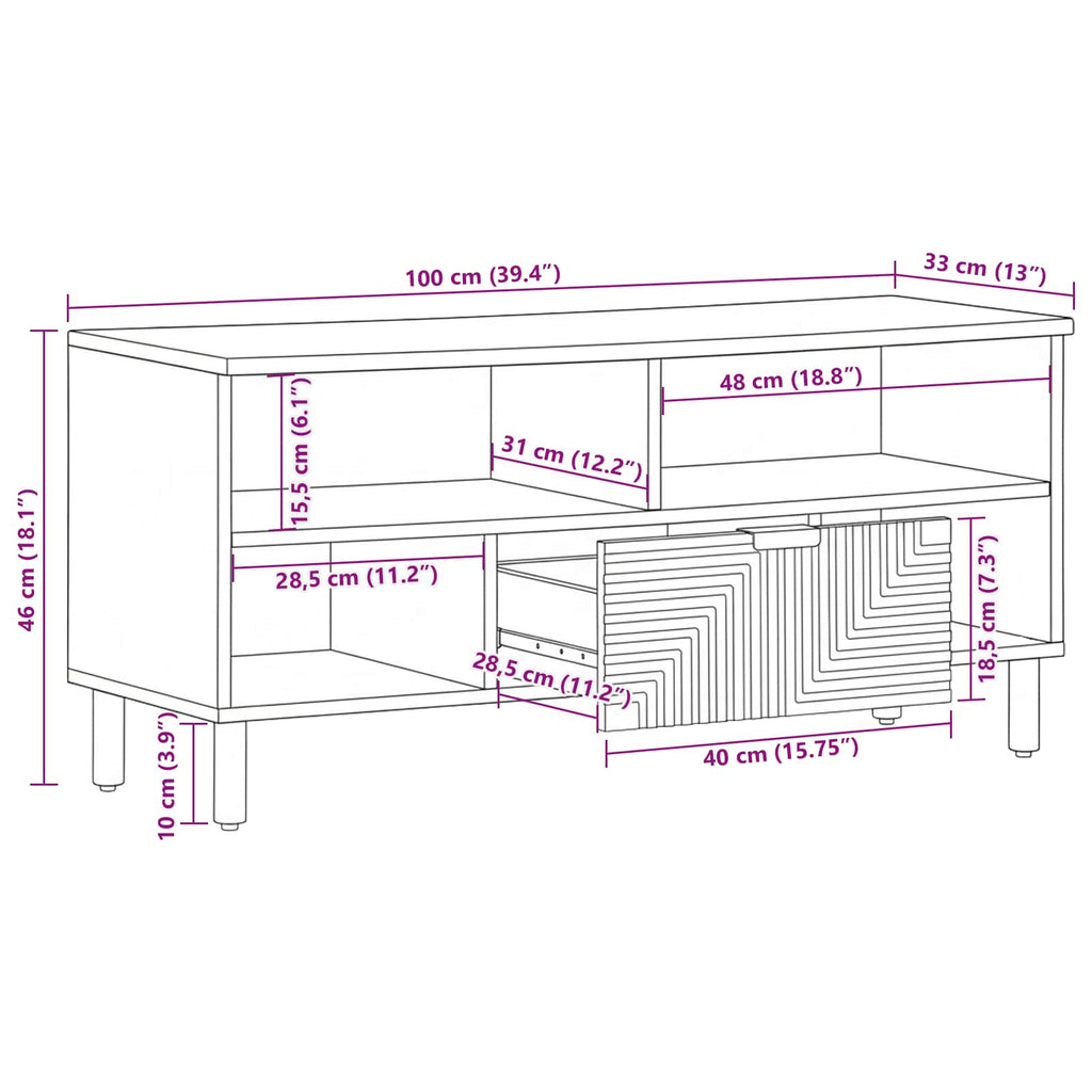 Tv Cabinet With Drawer Brown 100 X 33 X 46 Cm Solid Mango Wood