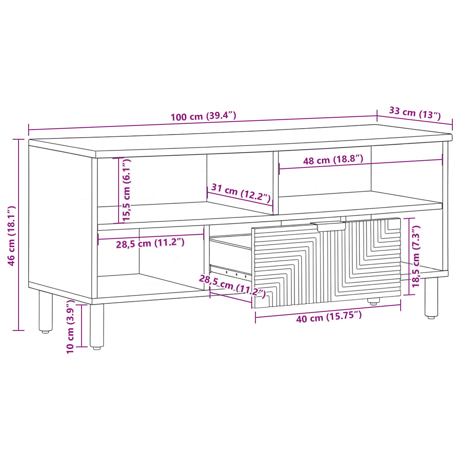 Tv Cabinet With Drawer Brown 100 X 33 X 46 Cm Solid Mango Wood