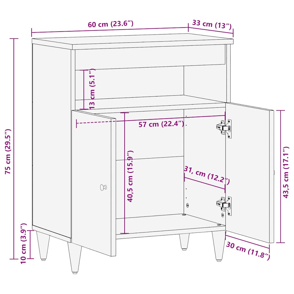 Sideboard Solid Mango Wood Storage Cabinet 60x33x75cm Rustic Cupboard Black 60 c