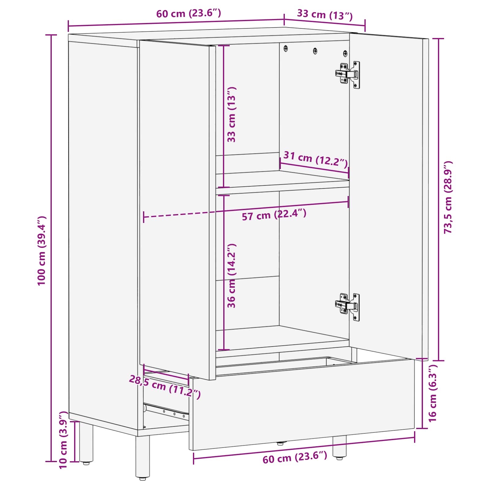 Highboard 60 X 33 X 100 Cm Solid Mango Wood