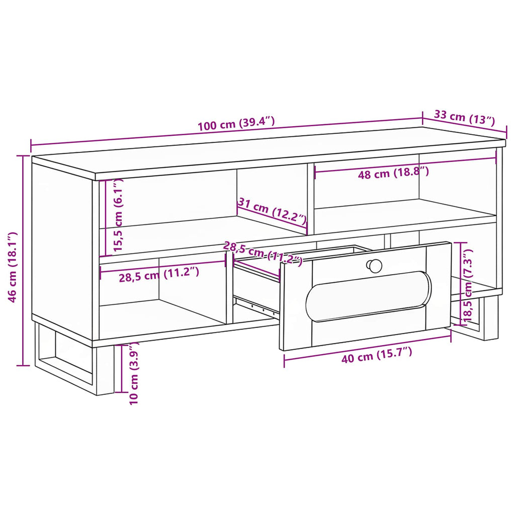 Tv Cabinet With Drawer Brown 100 X 33 X 46 Cm Solid Mango Wood
