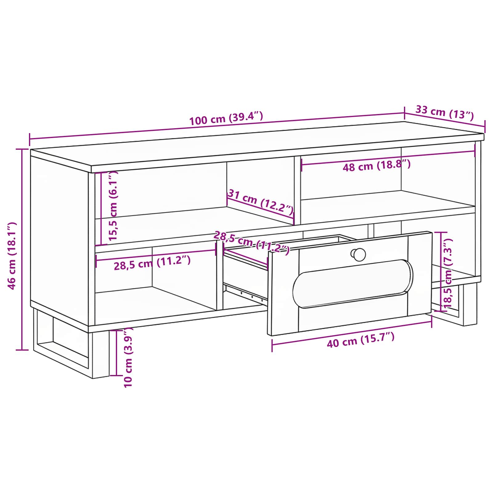 Tv Cabinet With Drawer Brown 100 X 33 X 46 Cm Solid Mango Wood