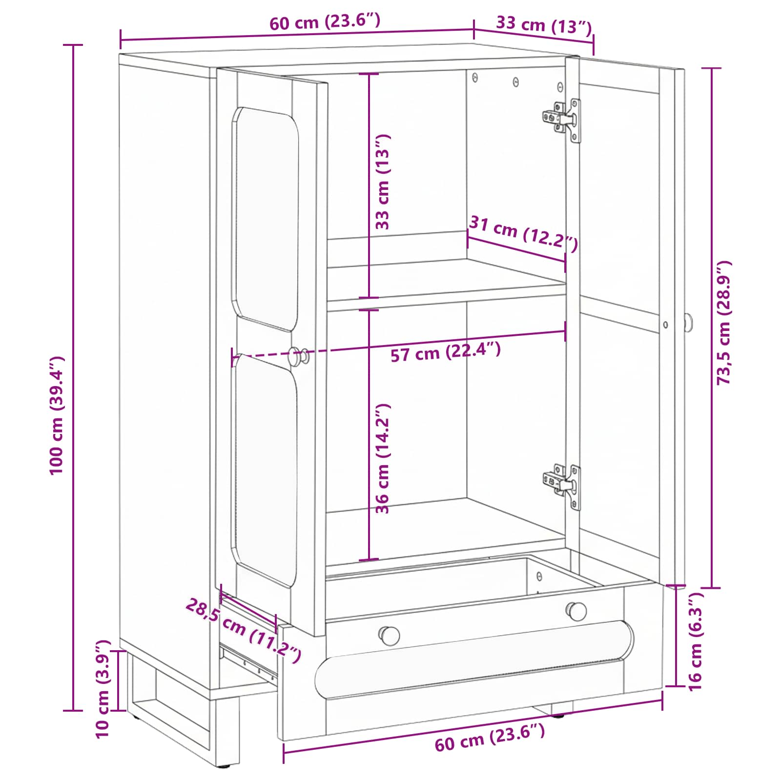 Highboard With Drawer Brown 40 X 33 X 110 Cm Solid Mango Wood