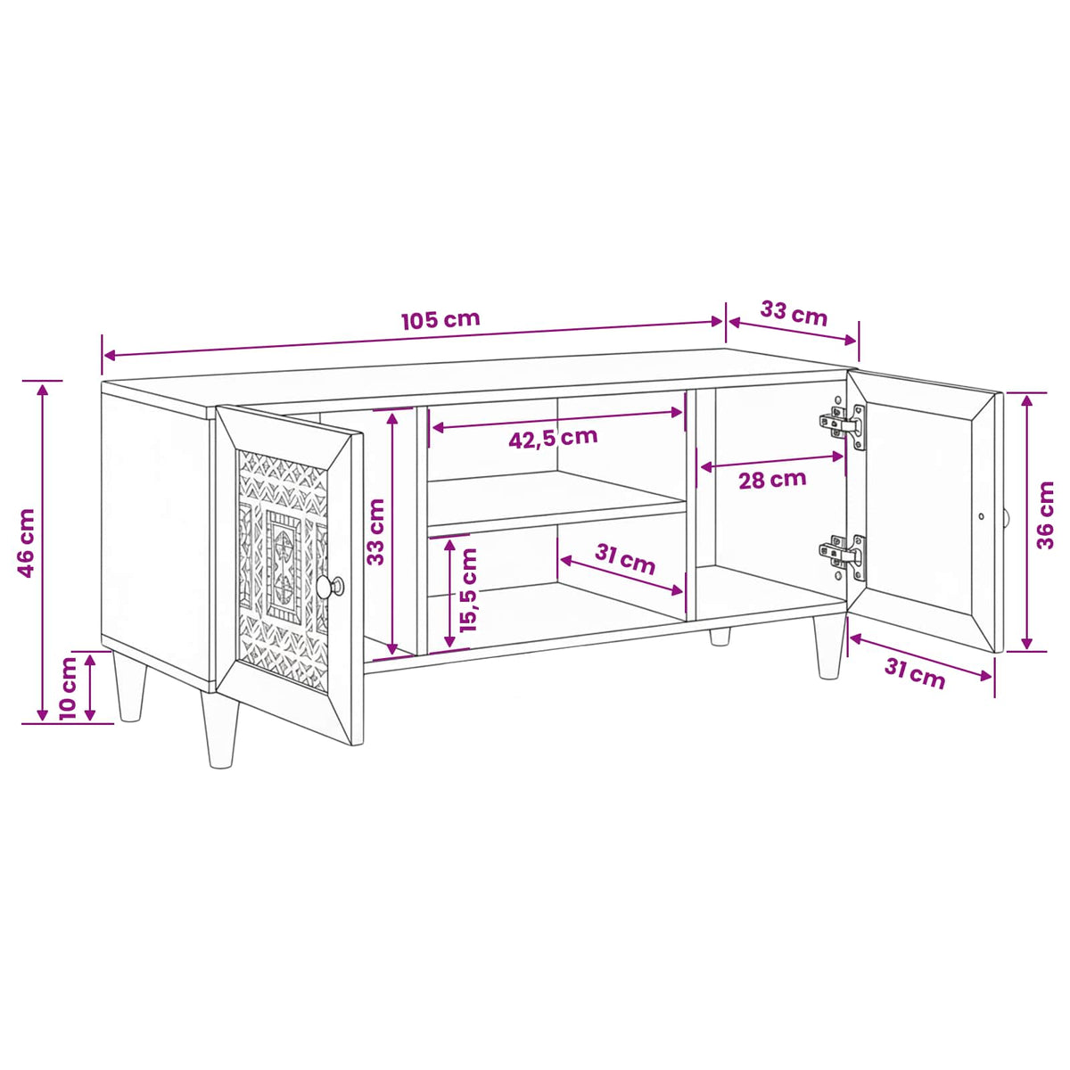 Media Storage Cabinet TV Unit White 105cm Entertainment Stand Shelf White (bleac