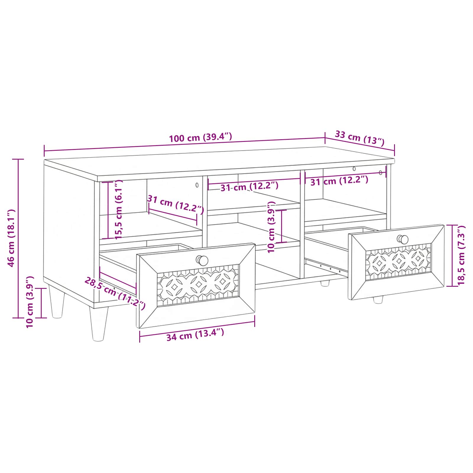 Tv Cabinet Bleached White 100 X 33 X 46 Cm Solid Mango Wood