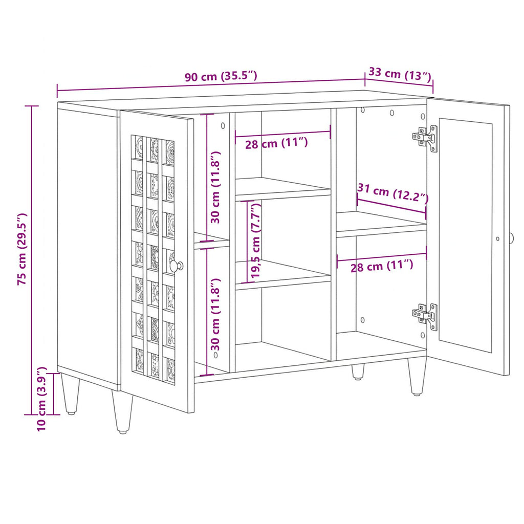Sideboard With Shelf 90 X 33 X 75 Cm Solid Mango Wood