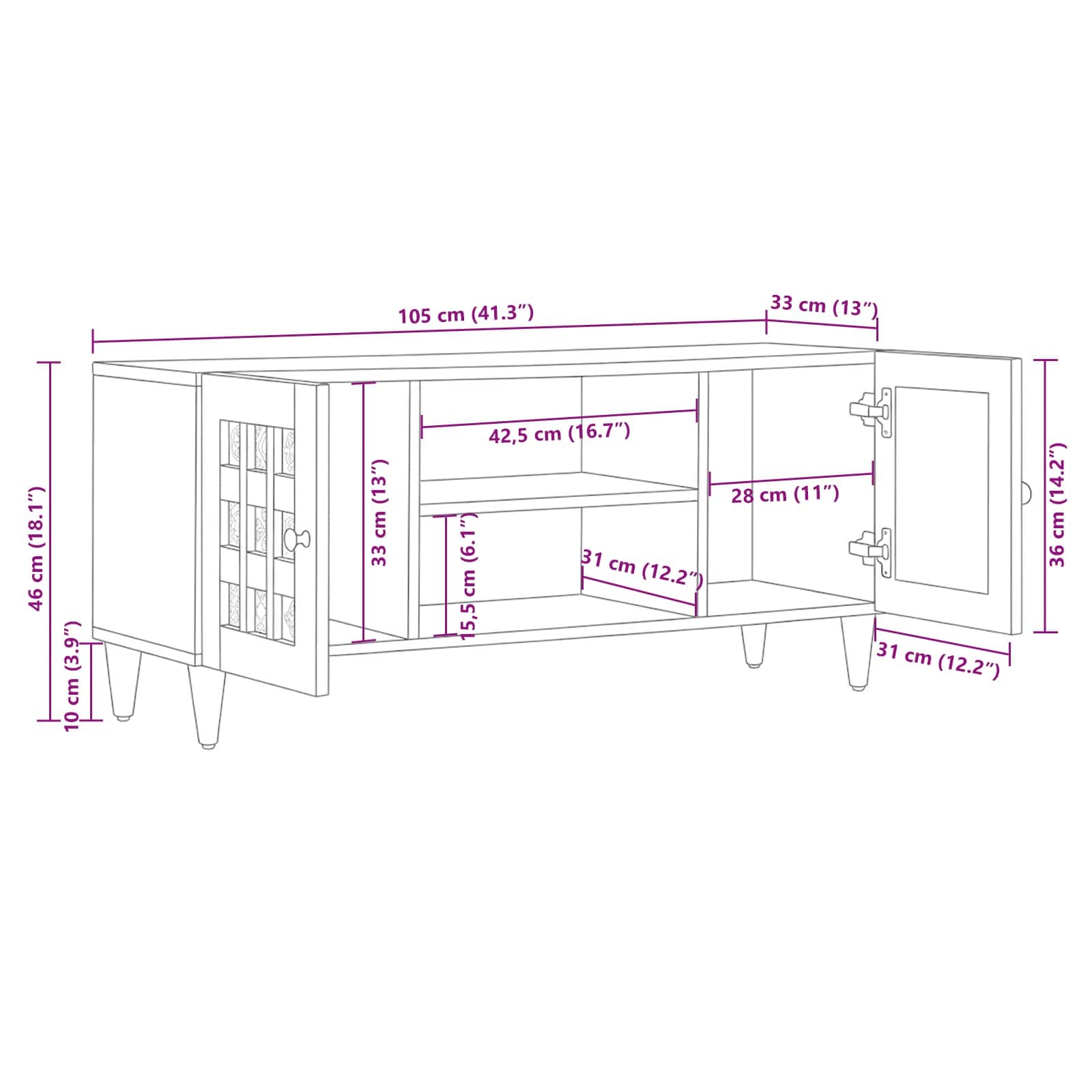 Tv Cabinet With Shelf 105 X 33 X 46 Cm Solid Mango Wood