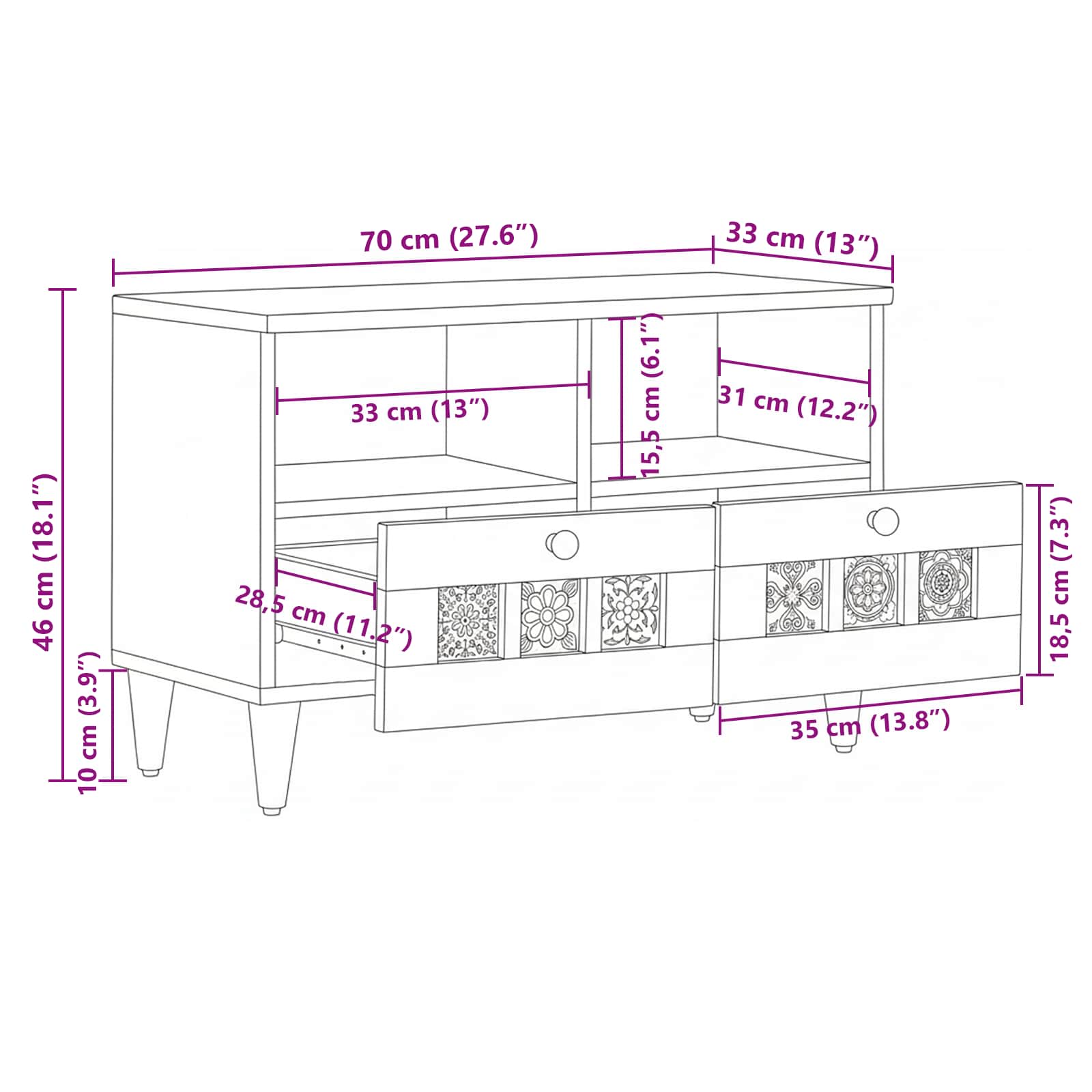 Tv Cabinet With Drawer 70 X 33 X 46 Cm Solid Mango Wood
